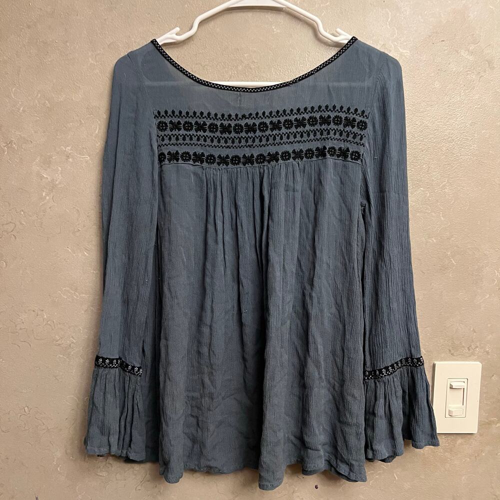 Altar'd State XS Boho Embroidered Peasant Top Long Bell Sleeve Gray Tassel Gauze - Picture 5 of 11
